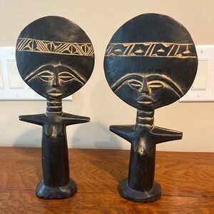 African Ashanti Fertility dolls (2), Hand carved wood statues. 10” & 11” tall